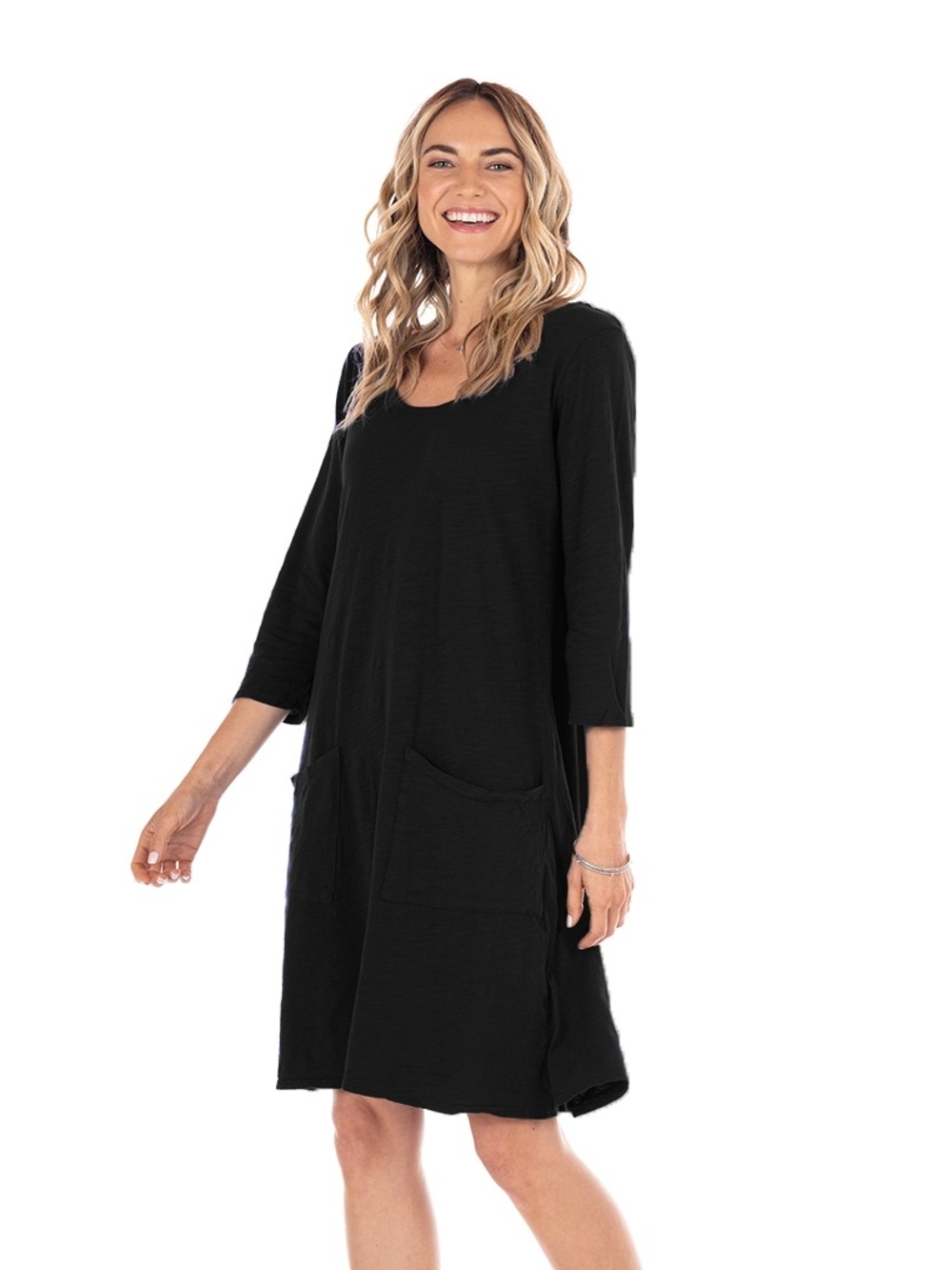 Fresh Produce Black Cotton Drape Pocket Shift Dress Size L Made In USA